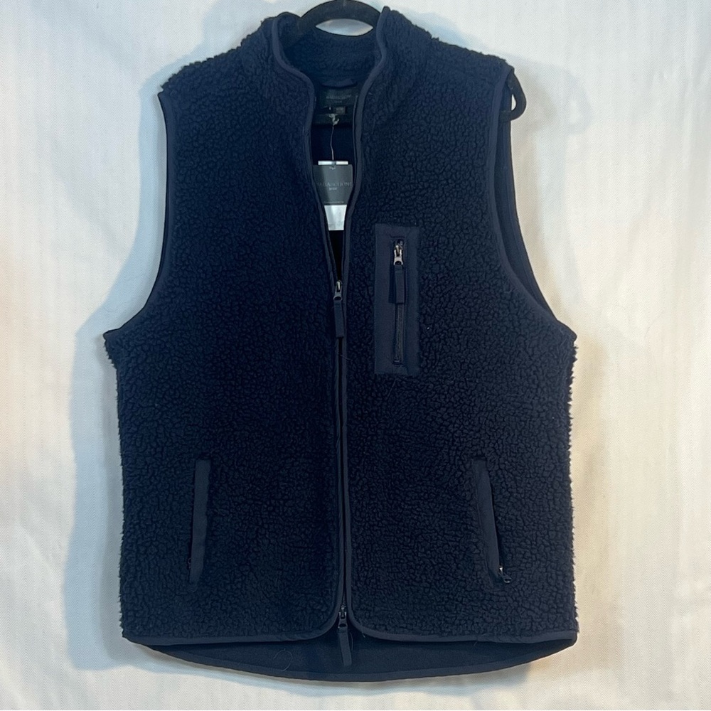 Magaschoni Man Vest Sherpa Fleece Navy Zip Front Warm Casual Zip Pockets M👍
